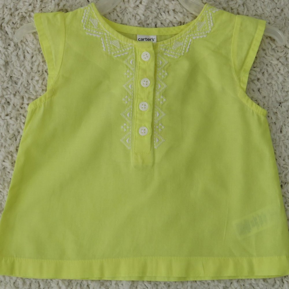Carter's Sleeveless Blouse‎ Size 9 Months 100% Cotton, Yellow~ White Embroidery
